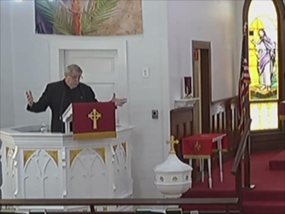 The pulpit dressed in red for the Day of Pentecost
